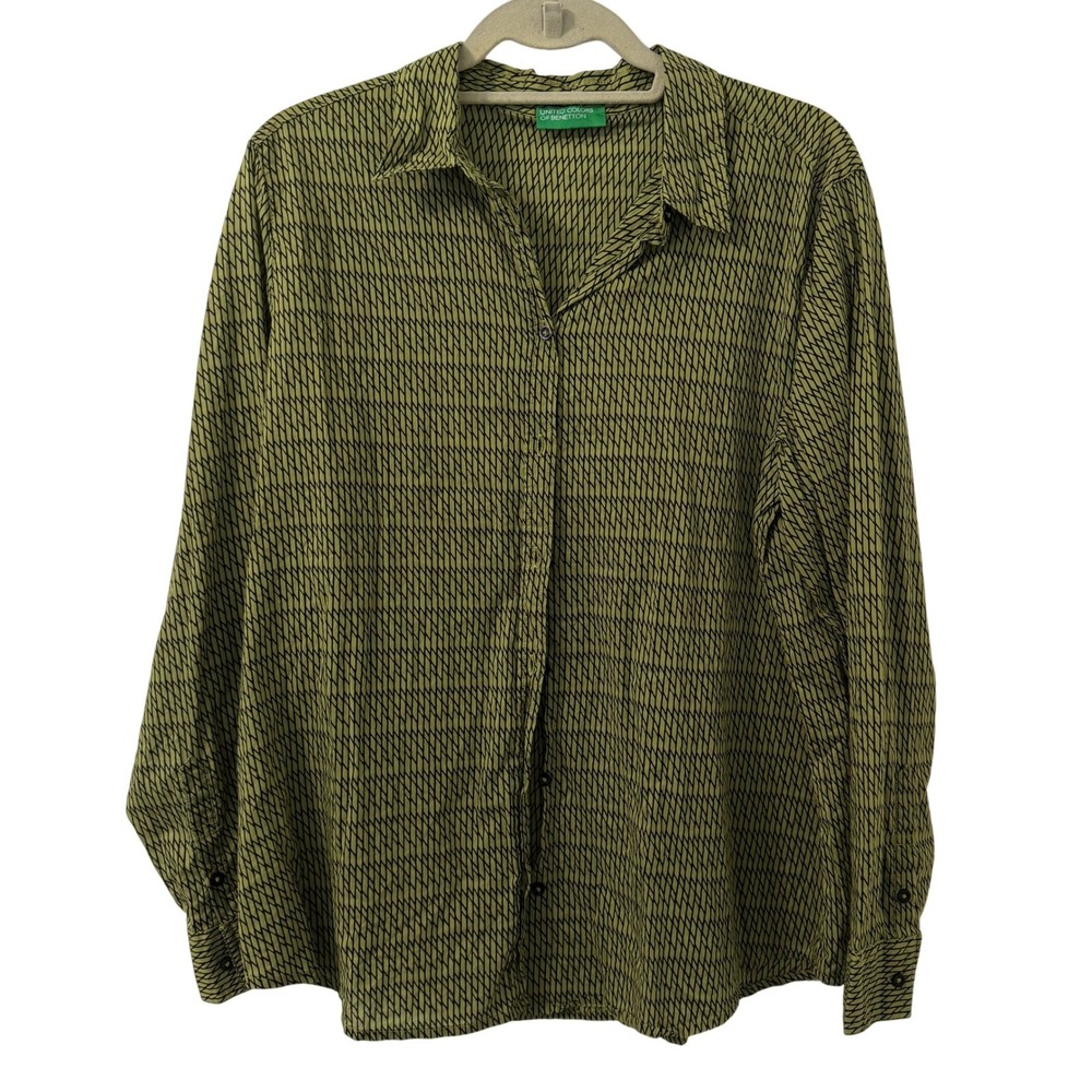 United Colors of Benetton Top Womens L Olive Green‎ Geometric Button Down Earthy